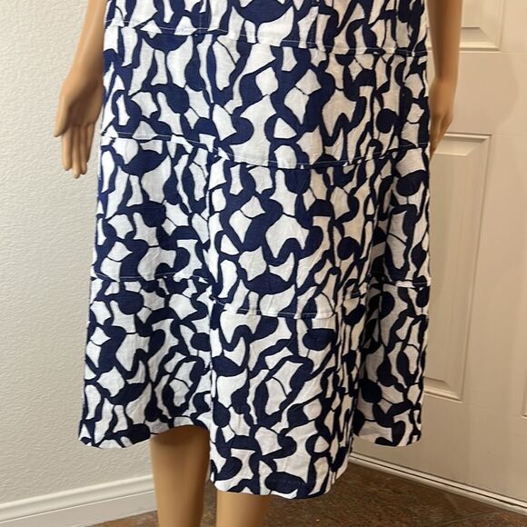 Anne Klein Dress Size 14W Scoop Neck Cap Sleeve Midi Blue White Zipper Back - Picture 5 of 11